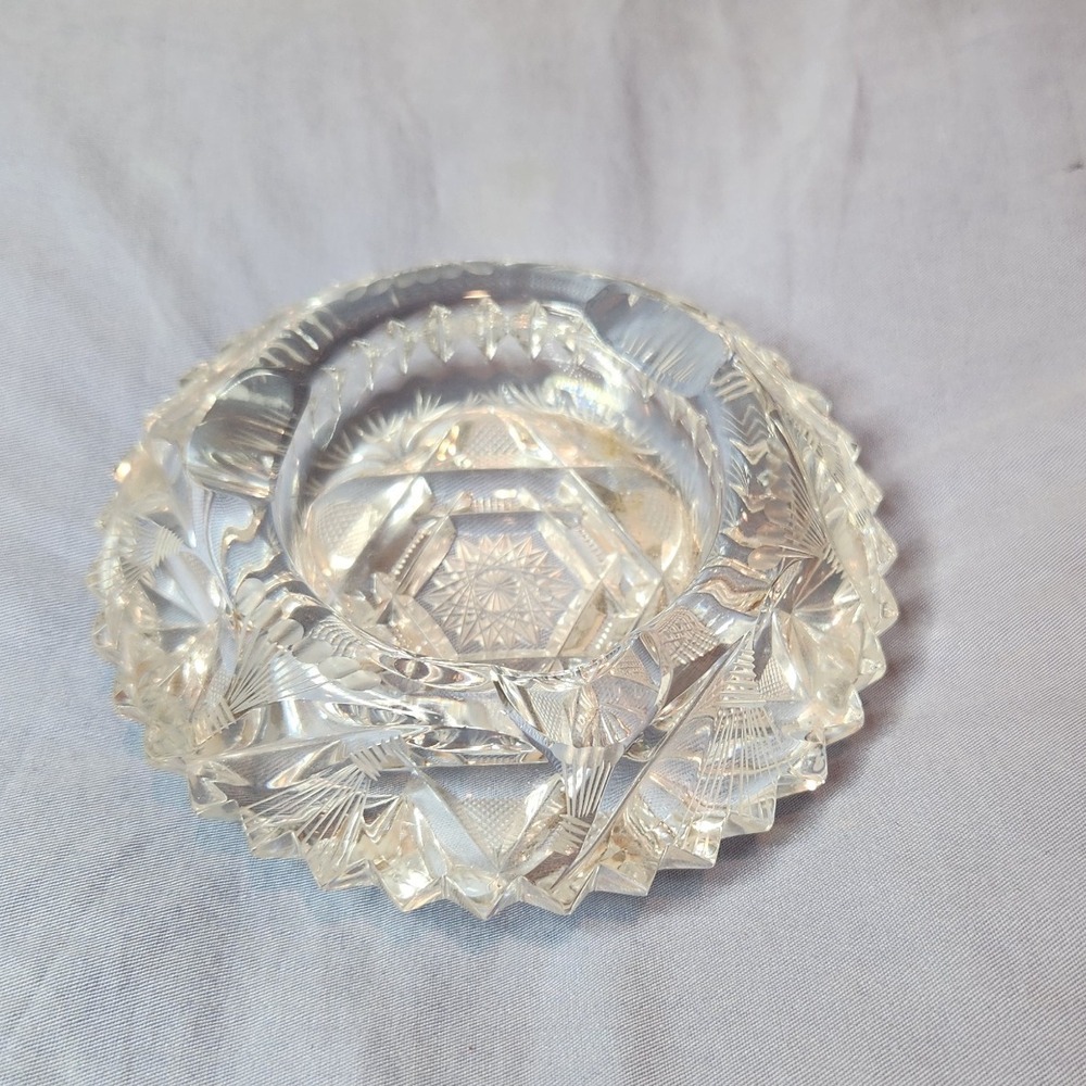 mid centry Vintage Cut Crystal Starburst Dish‎ 5" Pressed Glass Trinket Bowl